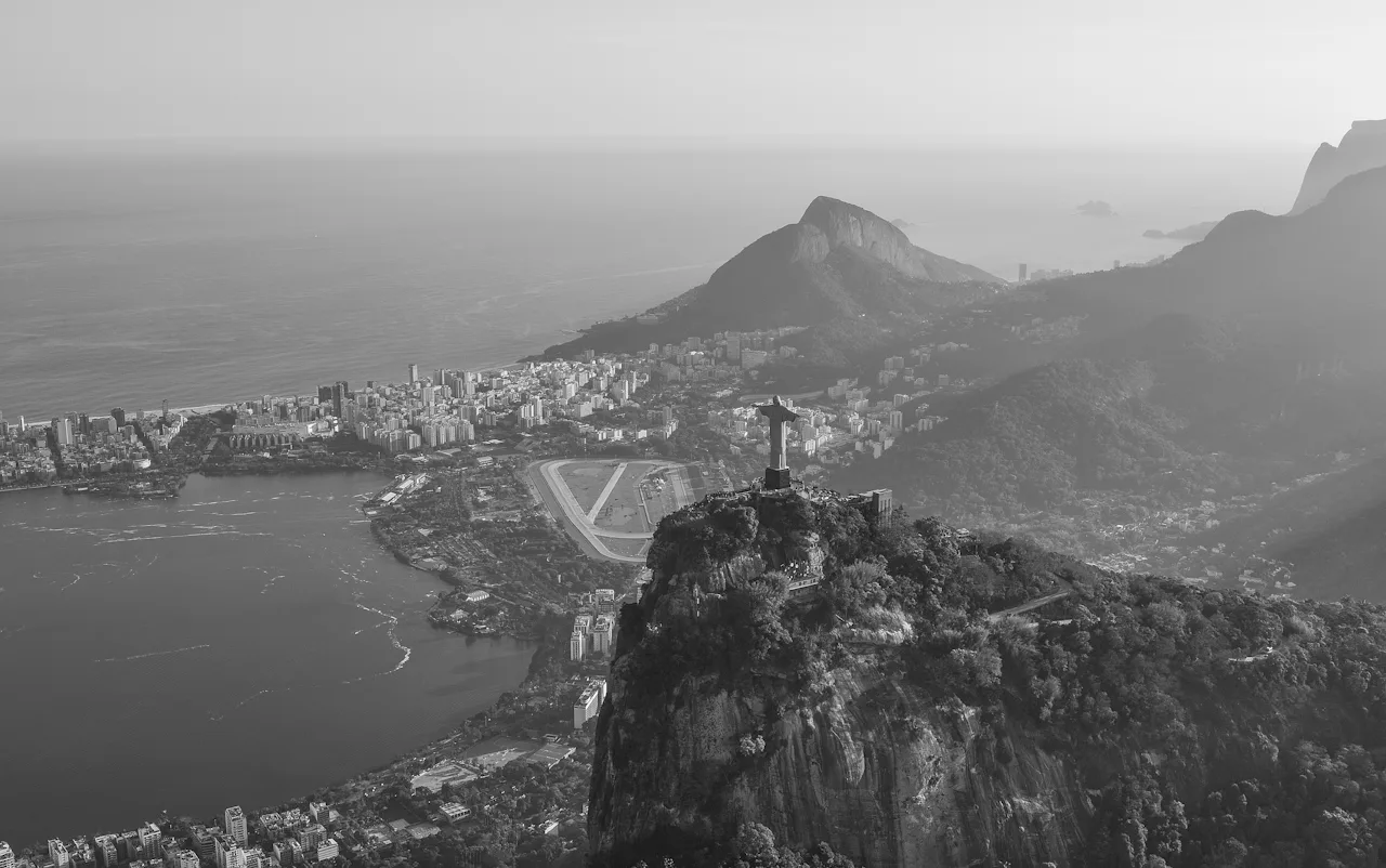 Aerial view of Rio de Janeiro with Christ the Redeemer, in black and white.
